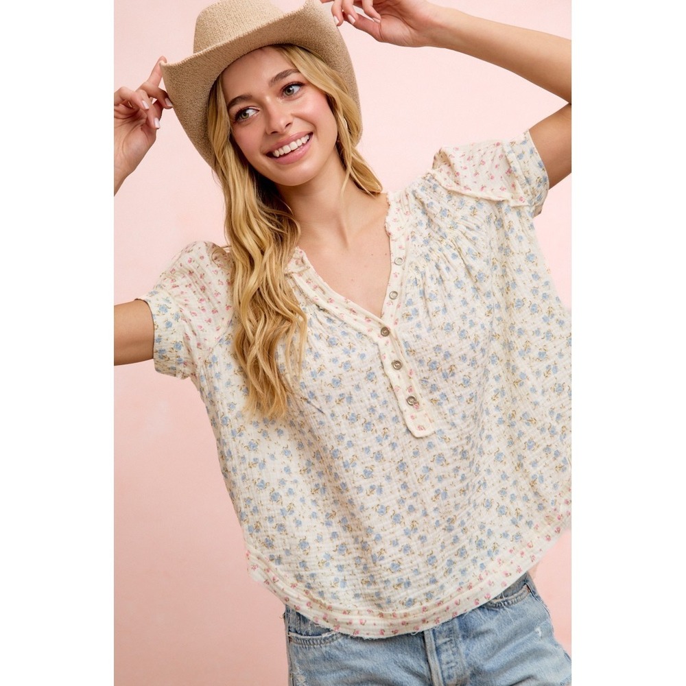 BiBi Floral Crinkle Neckdrop Short Sleeve Blouse Top - Medium - Picture 5 of 10